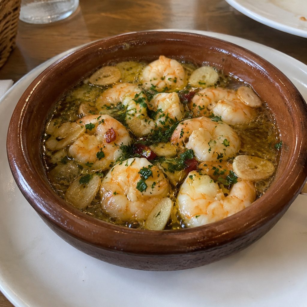 Gambas al ajillo in a clay dish