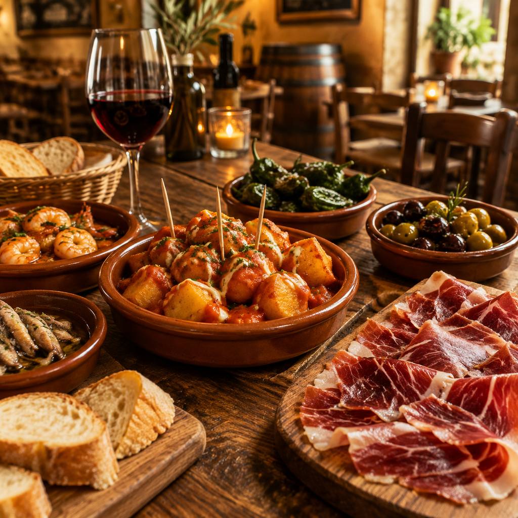 Spanish tapas spread on a rustic wooden table