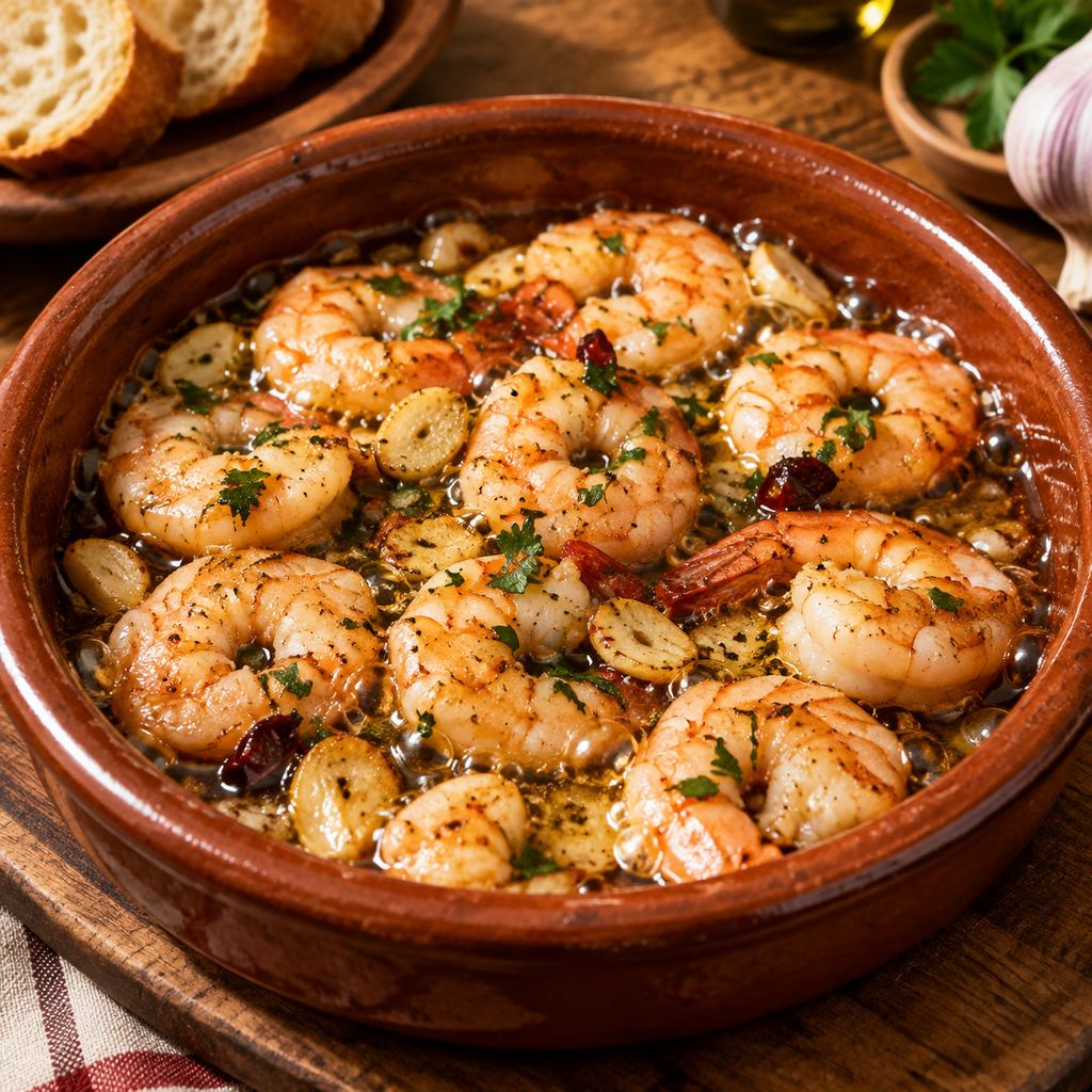 Gambas al ajillo in a clay dish